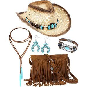Western Jewelry Set Women Cowgirl Hat Bag Necklace Earrings Fringe Accessories